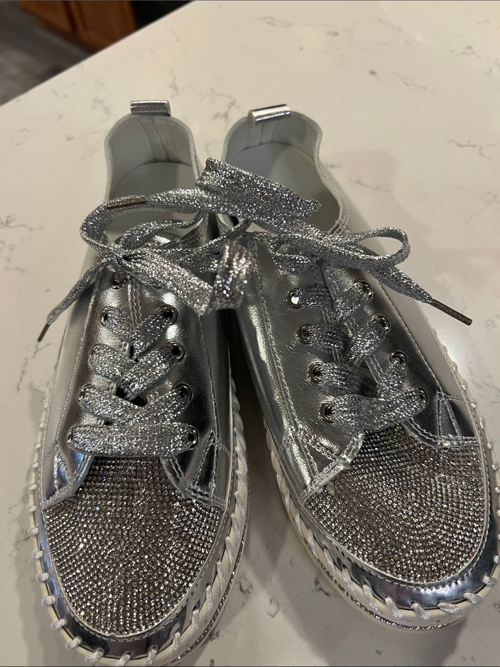 Women's Silver Metallic Crystal-Accented Sneakers